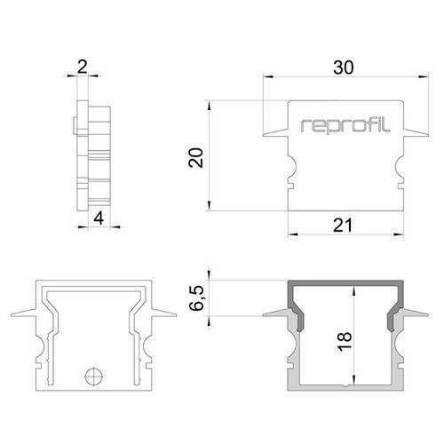 Technische Zeichnung eines Profils mit Bemaßungen: oben 30 mm, Höhe 20 mm, unten 21 mm. Querschnitt zeigt Details, Breite 18 mm.