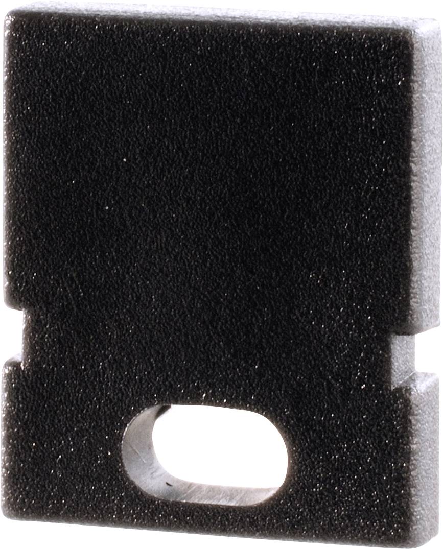 Ein rechteckiges, schwarzes Plastikclip-Teil mit einer ovalen Öffnung in der Mitte, gesehen von vorne.