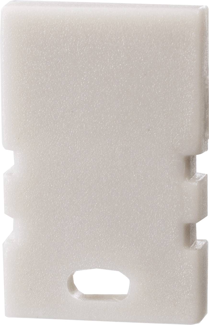 Ein cremefarbenes Plastikteilstück, das rechteckig geformt ist. Es hat mehrere Einkerbungen und einen kleinen Schlitz am unteren Rand.