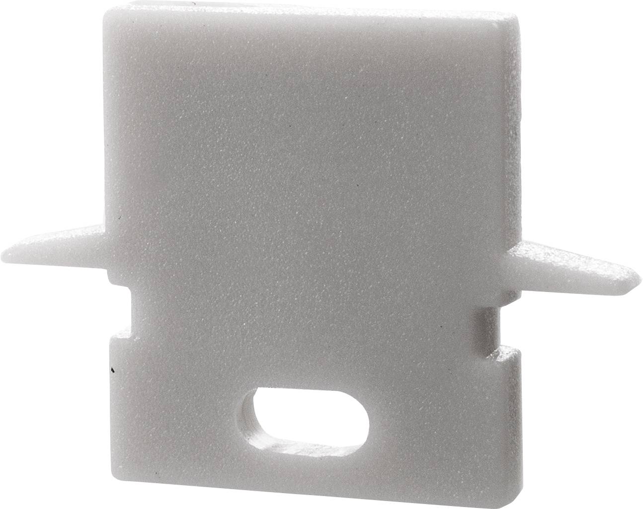 Ein graues Kunststoff-Teil mit rechteckiger Form und einem ovalen Loch an der unteren Seite. Es hat zwei seitliche Laschen.