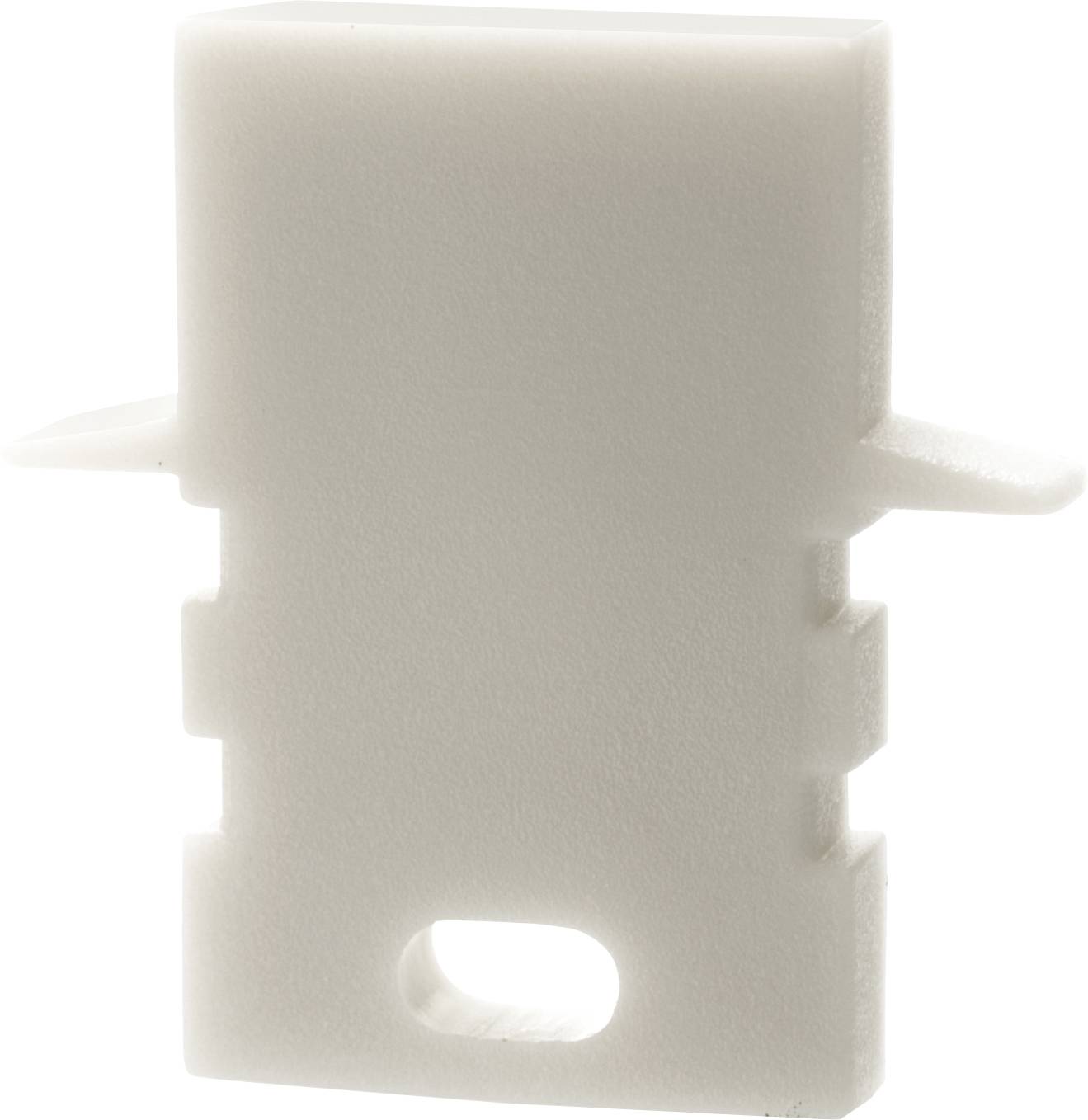 Kunststoffirgendstück mit rechteckiger Form und kleinen Vorsprüngen an den Seiten. Hauptsächlich in Weiß gehalten.