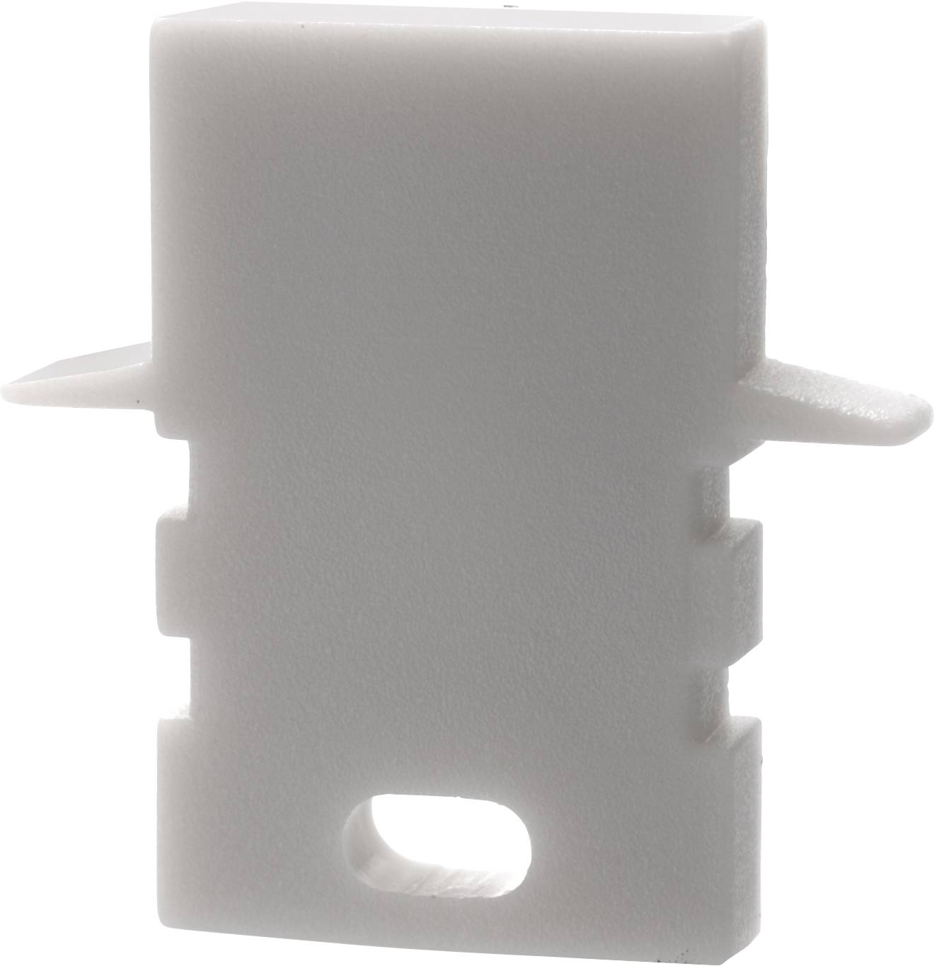 Ein rechteckiges, graues Kunststoffteil mit einem Loch unten und zwei seitlichen Flügeln. Möglicherweise ein Verbindungselement.