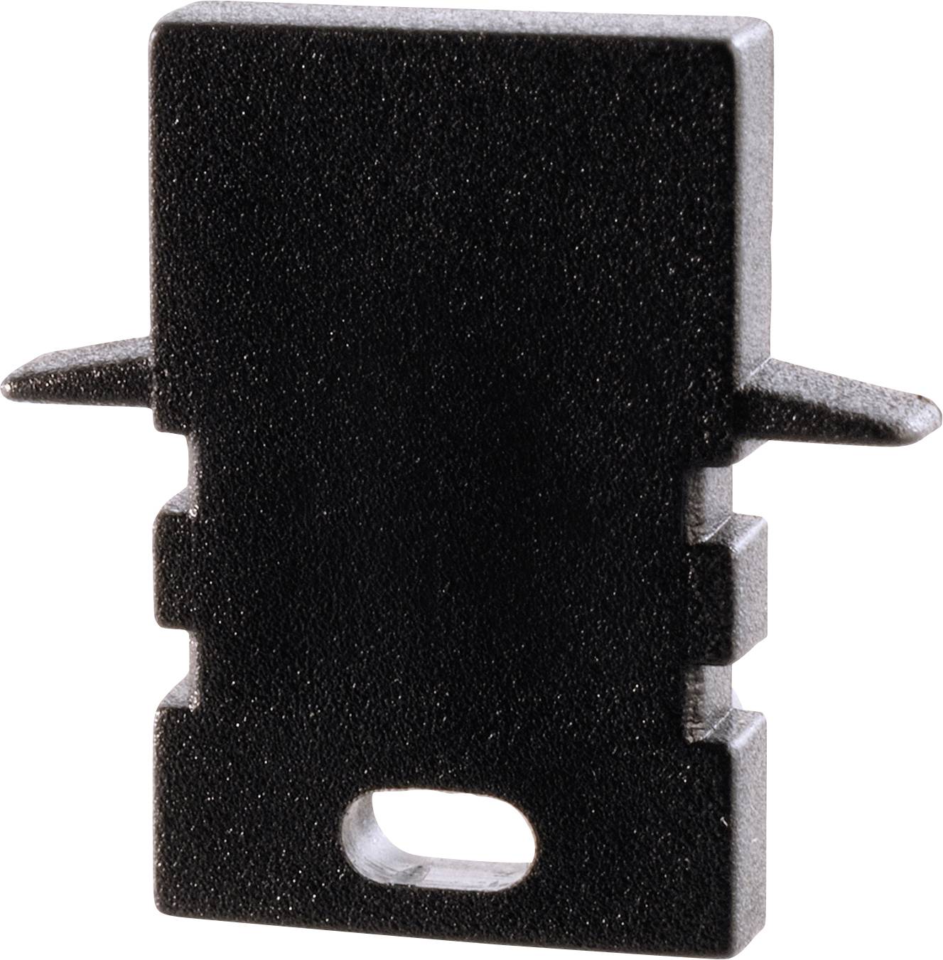 Schwarzes Kunststoffteil mit rechteckiger Form, zwei seitlichen Erhebungen und einer Öffnung unten, wahrscheinlich als Befestigungselement.