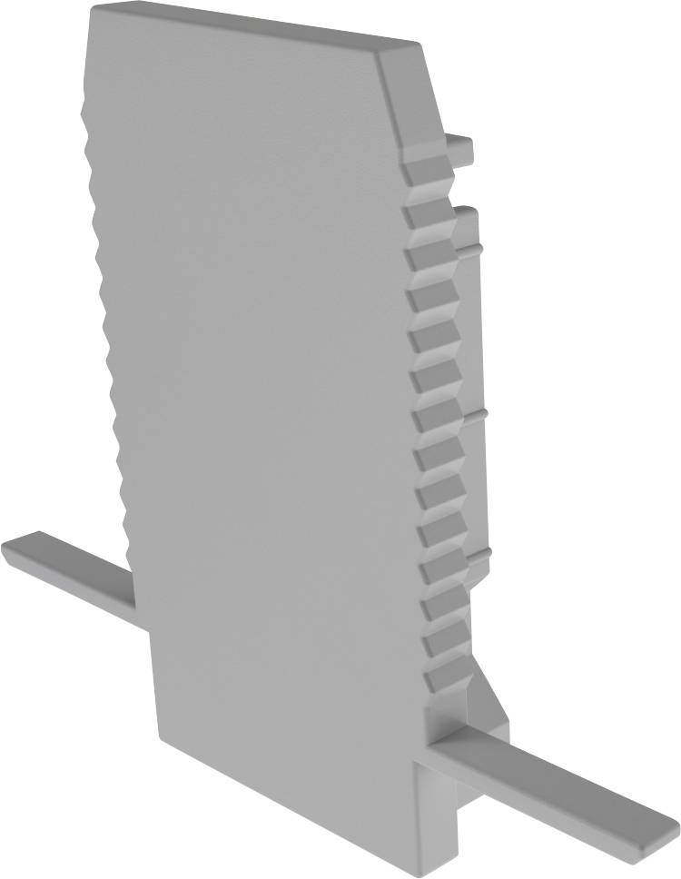 Grauer, rechteckiger Kunststoffadapter mit seitlichen Erhebungen, die zum Einrasten in einen anderen Gegenstand bestimmt sind.