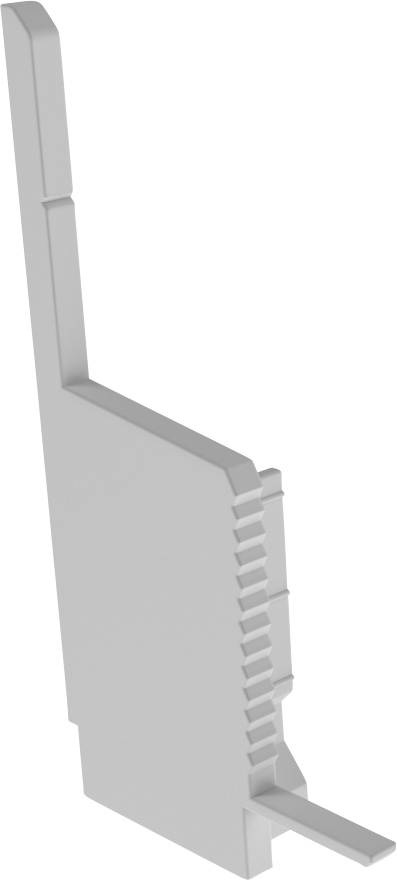 Graue Kunststoffkomponente mit rechterckigem Körper und einragendem, schmalen Stift, möglicherweise ein Steckkartenteil.