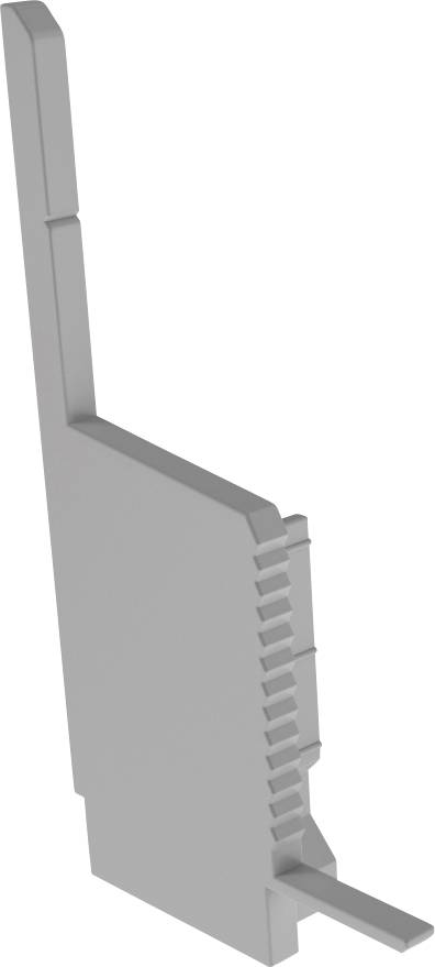 Ein graues, rechteckiges 3D-Objekt mit einem dünnen, länglichen Griff an einer Seite und gezackten Elementen auf der anderen.