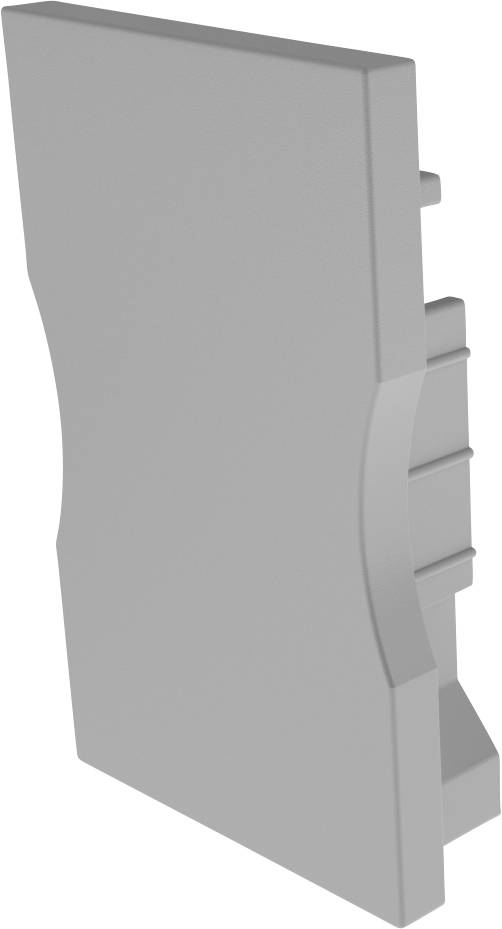 Eine graue Kunststoffplatte mit abgerundeten Kanten und mehreren vertikalen Rippen an der Seite. Sie könnte ein Abdeckelement sein.