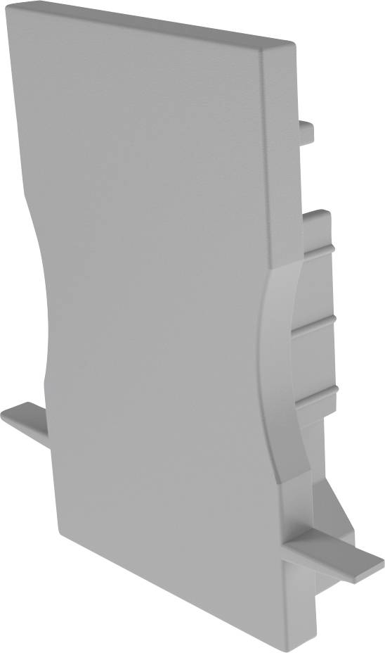 Graues Kunststoffteil mit rechterckiger Form und seitlichen Einschnapphaken, vermutlich ein Verbindungselement in der Technik oder Elektronik.