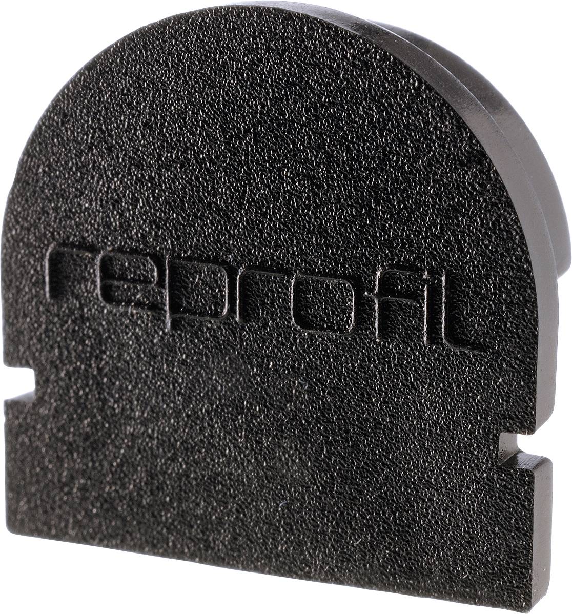 Halbrundes, schwarzes Kunststoffteil mit 'reprofil' Schriftzug, vermutlich ein Schutz- oder Abdeckelement.