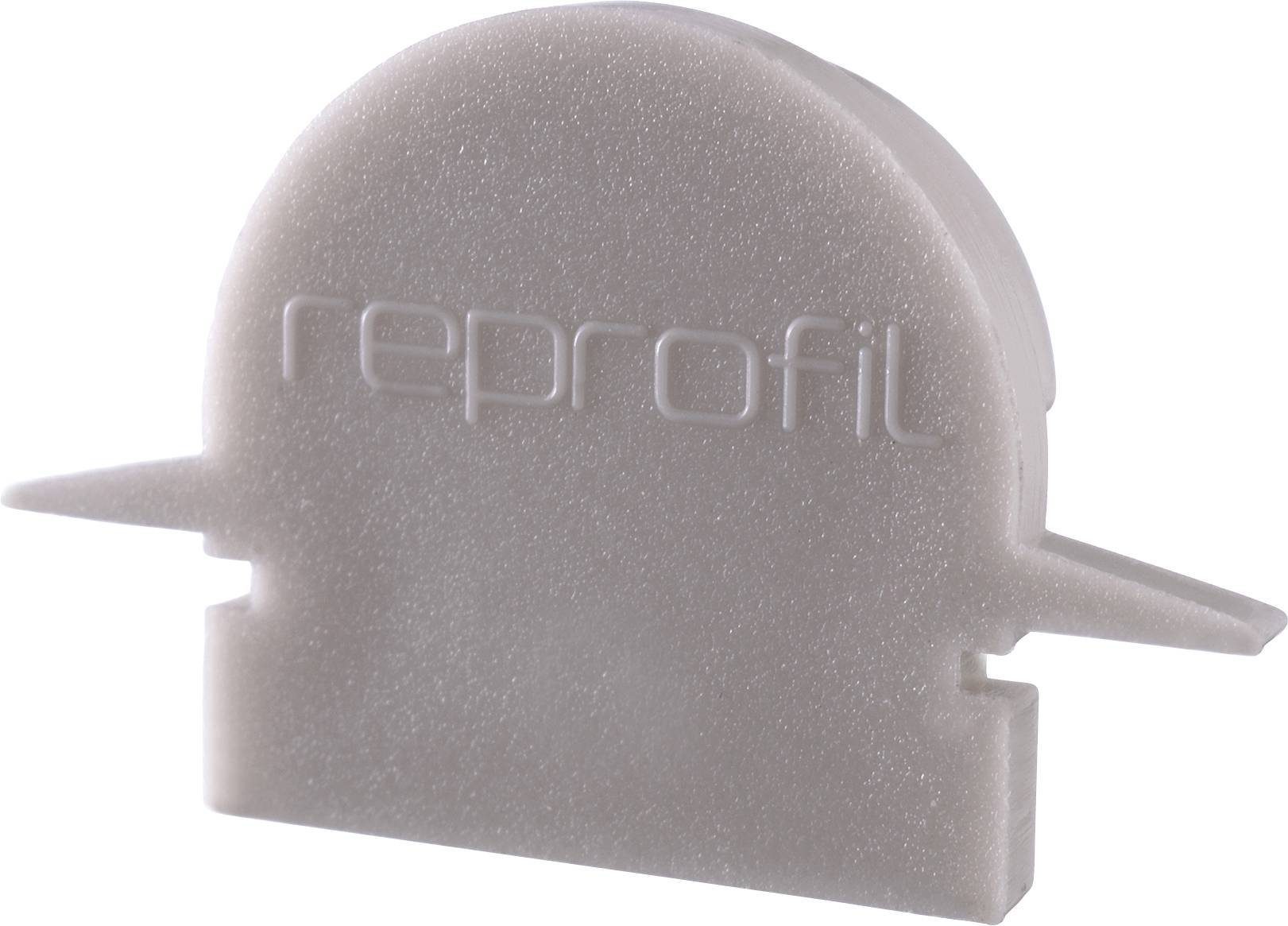 Ein graues Kunststoffteil mit geprägtem Schriftzug 'reprofil'; Form hat zwei seitliche Vorsprünge und eine runde Oberseite.