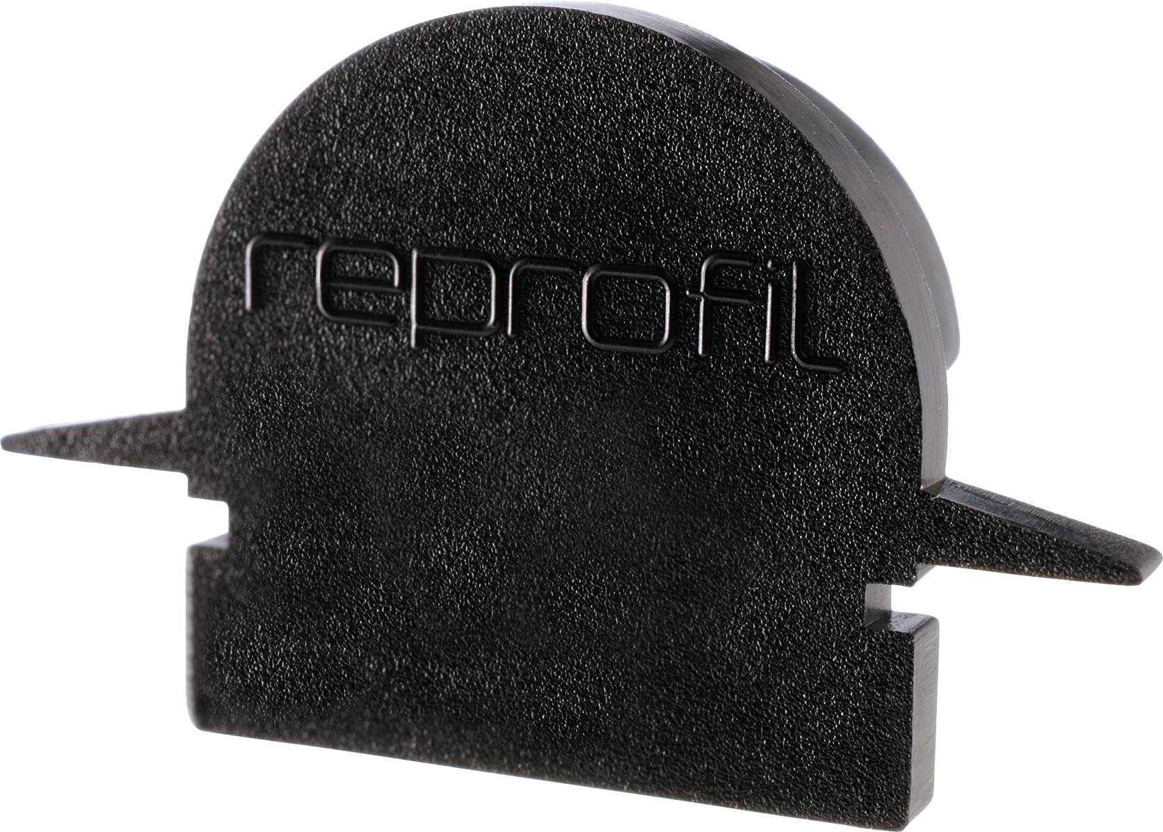 Schwarzes Kunststoffteil mit der Aufschrift 'reprofil', vermutlich ein Bauteil oder Zubehör, vor weißem Hintergrund.