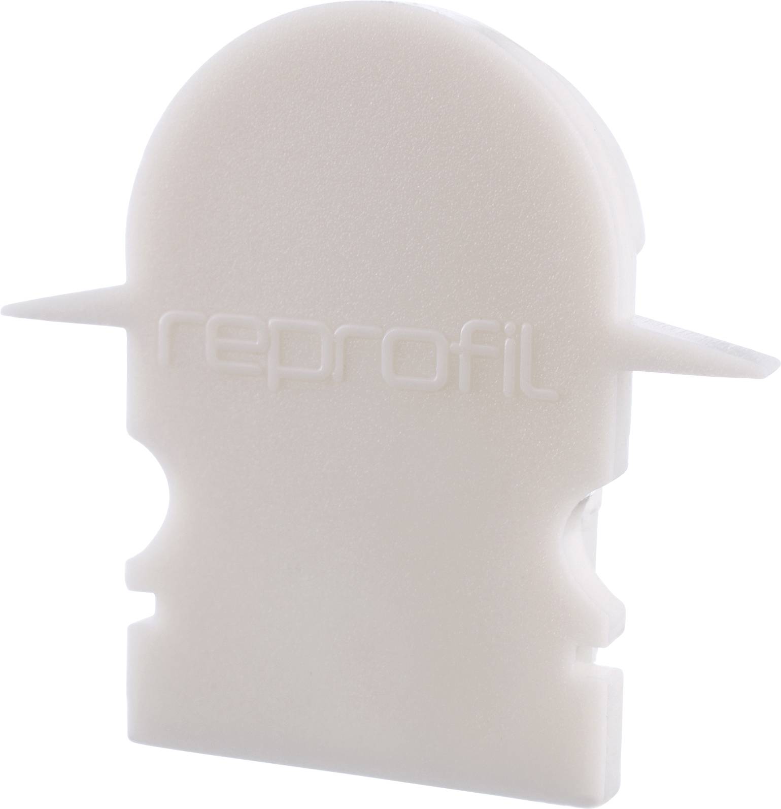 Ein weißes Kunststoffbauteil in einer einzigartigen Form mit dem eingeprägten Wort 'reprofil'.