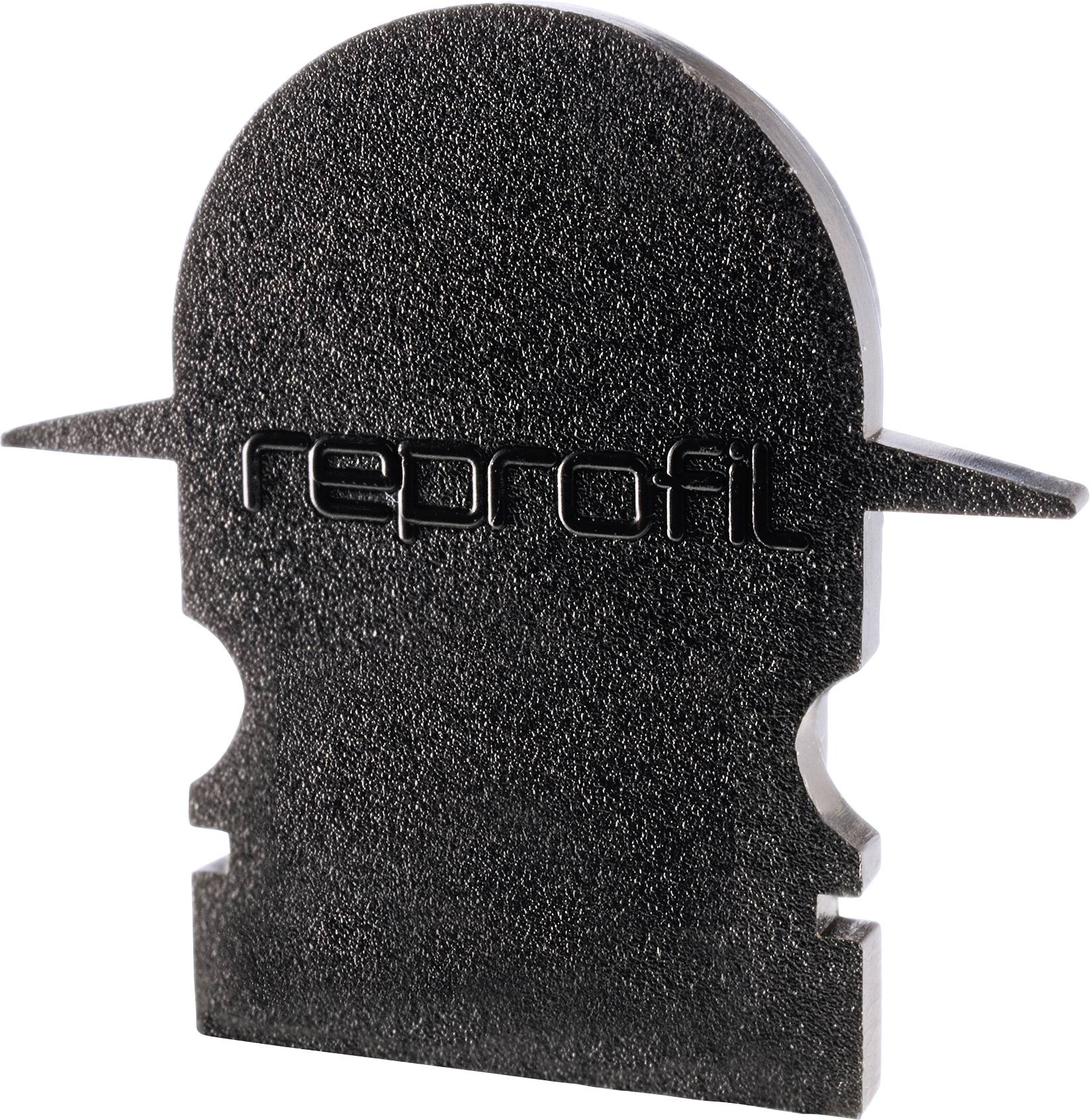 Schwarzes, strukturiertes Kunststoffteil mit der Aufschrift 'reprofil'. Es hat einen einzigartigen Umriss, der an ein stilisiertes Profil erinnert.