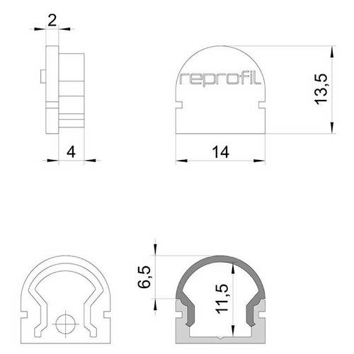 Technische Zeichnung eines Bauteils mit Maßen: Höhe 13,5 mm, Breite 14 mm. Detaillierte Schnittansichten zeigen interne Strukturen.
