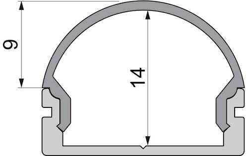 Technische Zeichnung eines U-förmigen Profils mit einem halbrunden oberen Abschluss. Höhe 9 mm, Breite 14 mm.