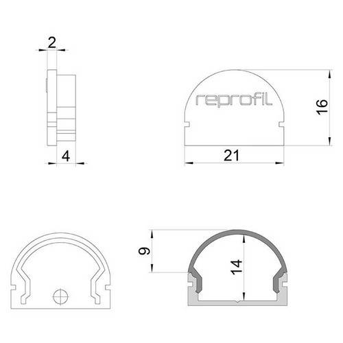 Technische Zeichnung eines Endstücks mit Abmessungen: 16 mm Höhe, 21 mm Breite, 4 mm Tiefe. Innerer Durchmesser 14 mm.
