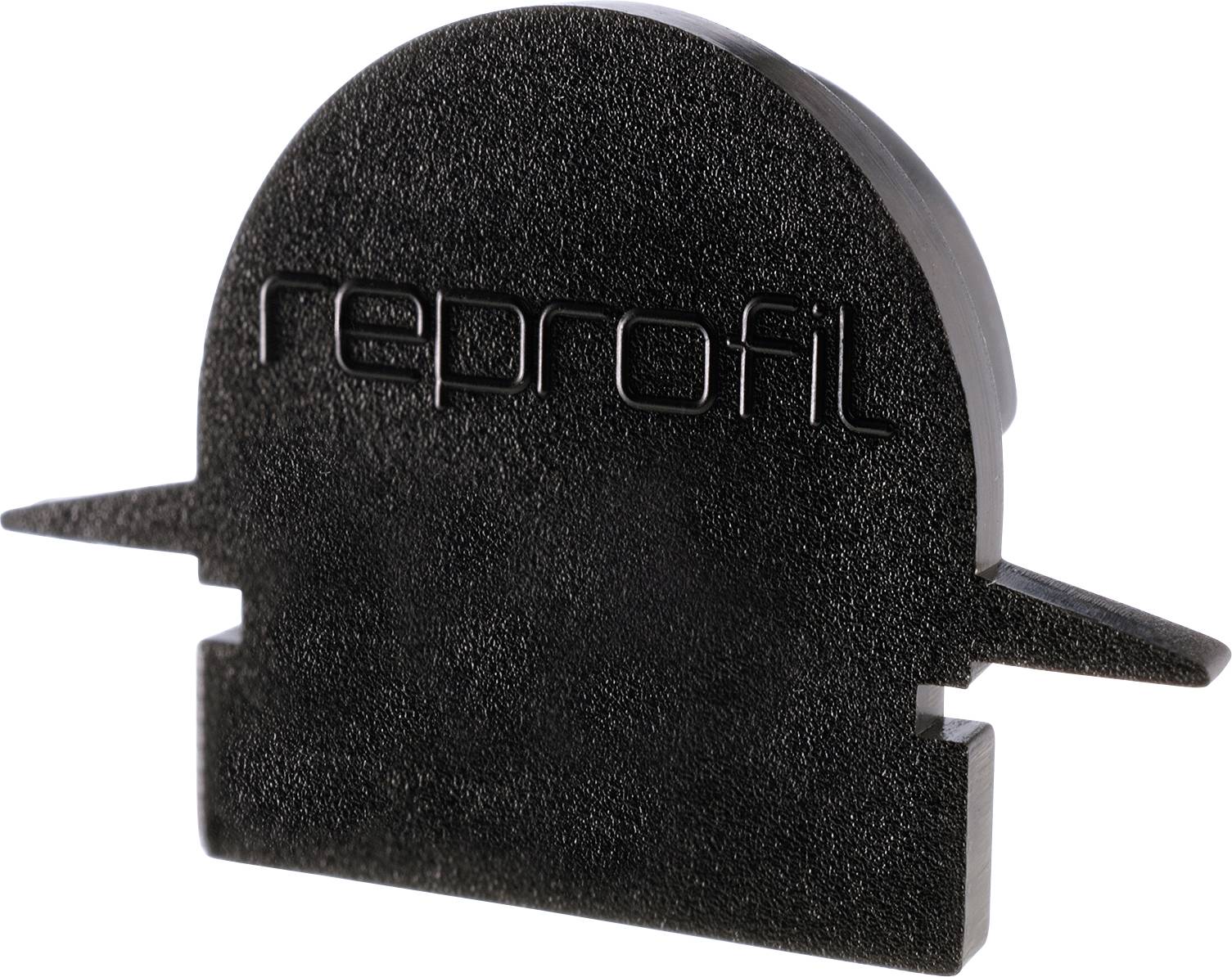 Schwarzes Kunststoffteil mit der Aufschrift 'reprofil' auf der Oberfläche, leicht gebogenes Profil mit seitlichen Kanten.