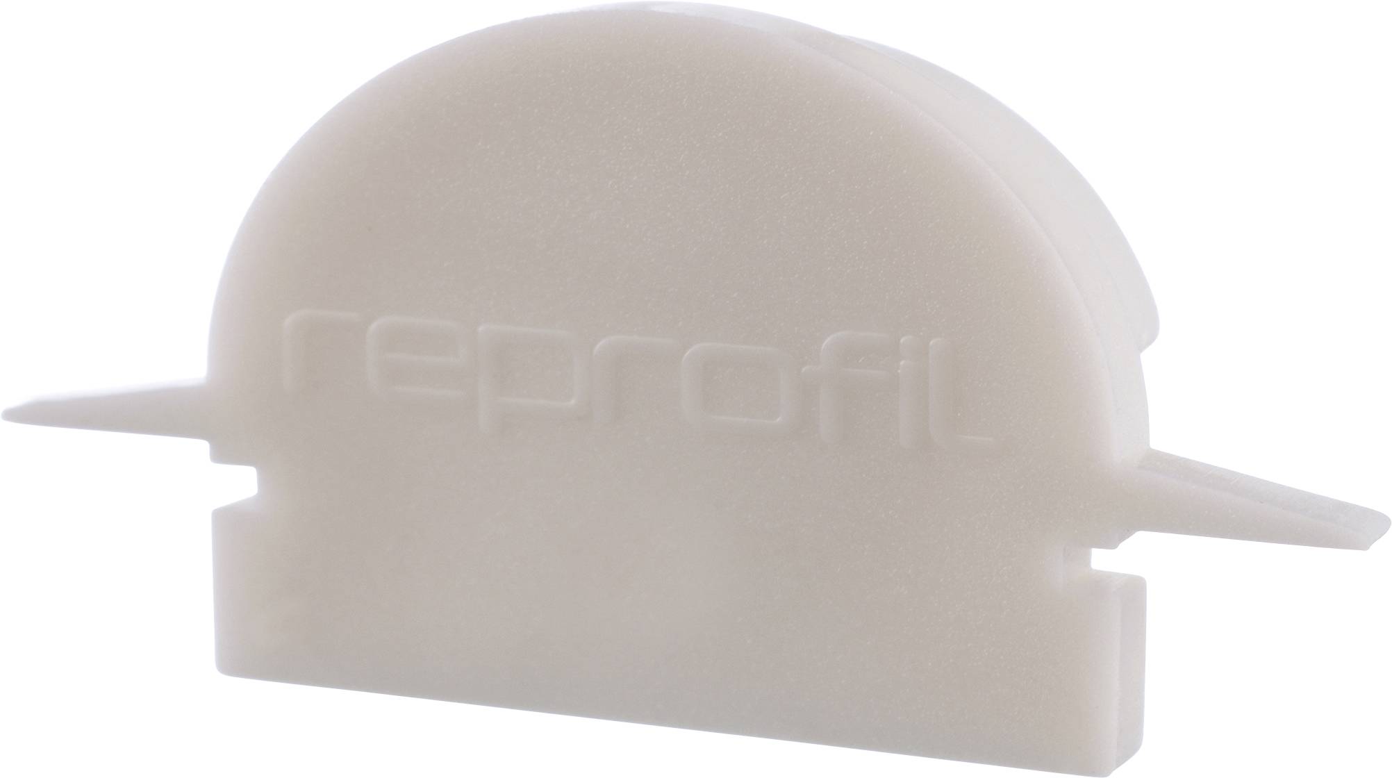 Ein weißer, halbkreisförmiger Kunststoffclip mit dem Schriftzug 'reprofil' in der Mitte.