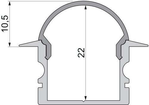 Querschnitt einer Struktur mit Kuppelform oben. Maße: Höhe 22 mm, Breite 10,5 mm an der schmalsten Stelle.