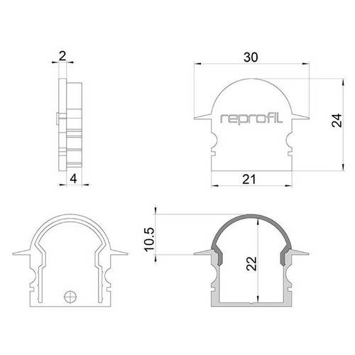 Technische Zeichnung eines Profils mit Maßen: Breite 30 mm, Höhe 24 mm; Querschnitt zeigt eine Breite von 21 mm und eine Höhe von 22 mm.