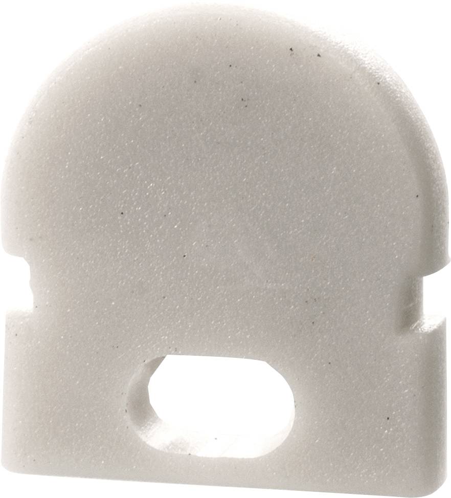 Ein weißes, halbkreisförmiges Kunststoffteil mit einer rechteckigen Basis und einem ovalen Loch in der Mitte.