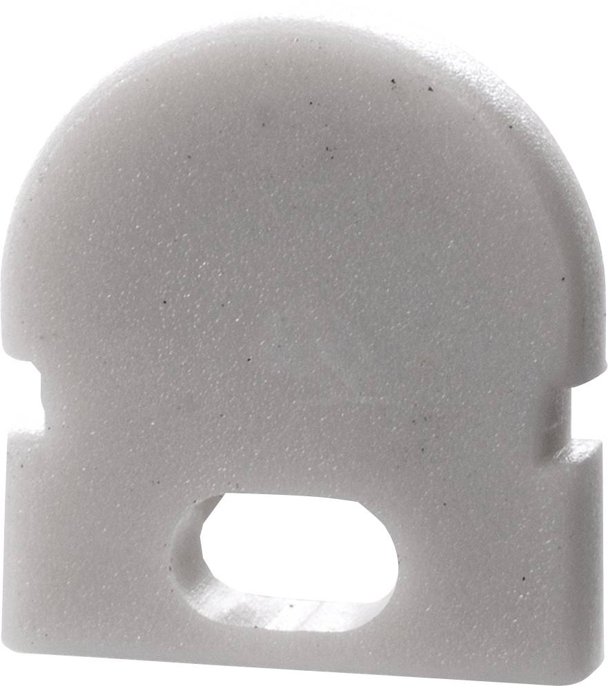 Ein graues, rundes Kunststoffteil mit einer flachen Basis und einem rechteckigen Loch in der Mitte.