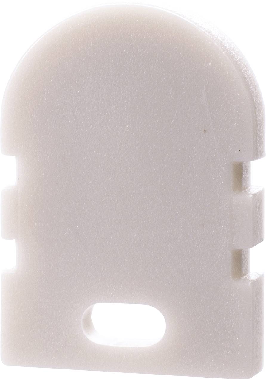 Ein beige Plastikteil mit abgeflachten Kanten und einer ovalen Öffnung unten, vermutlich ein Bauteil oder Zubehörteil.