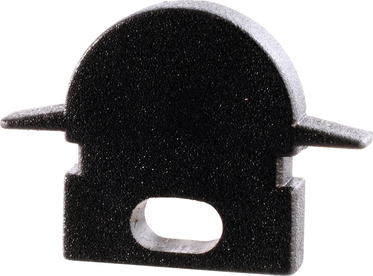 Schwarzes Kunststoffteil mit rundem oberen Bereich und rechteckigem unteren Bereich, zwei seitlichen Flügeln und ovaler Aussparung.