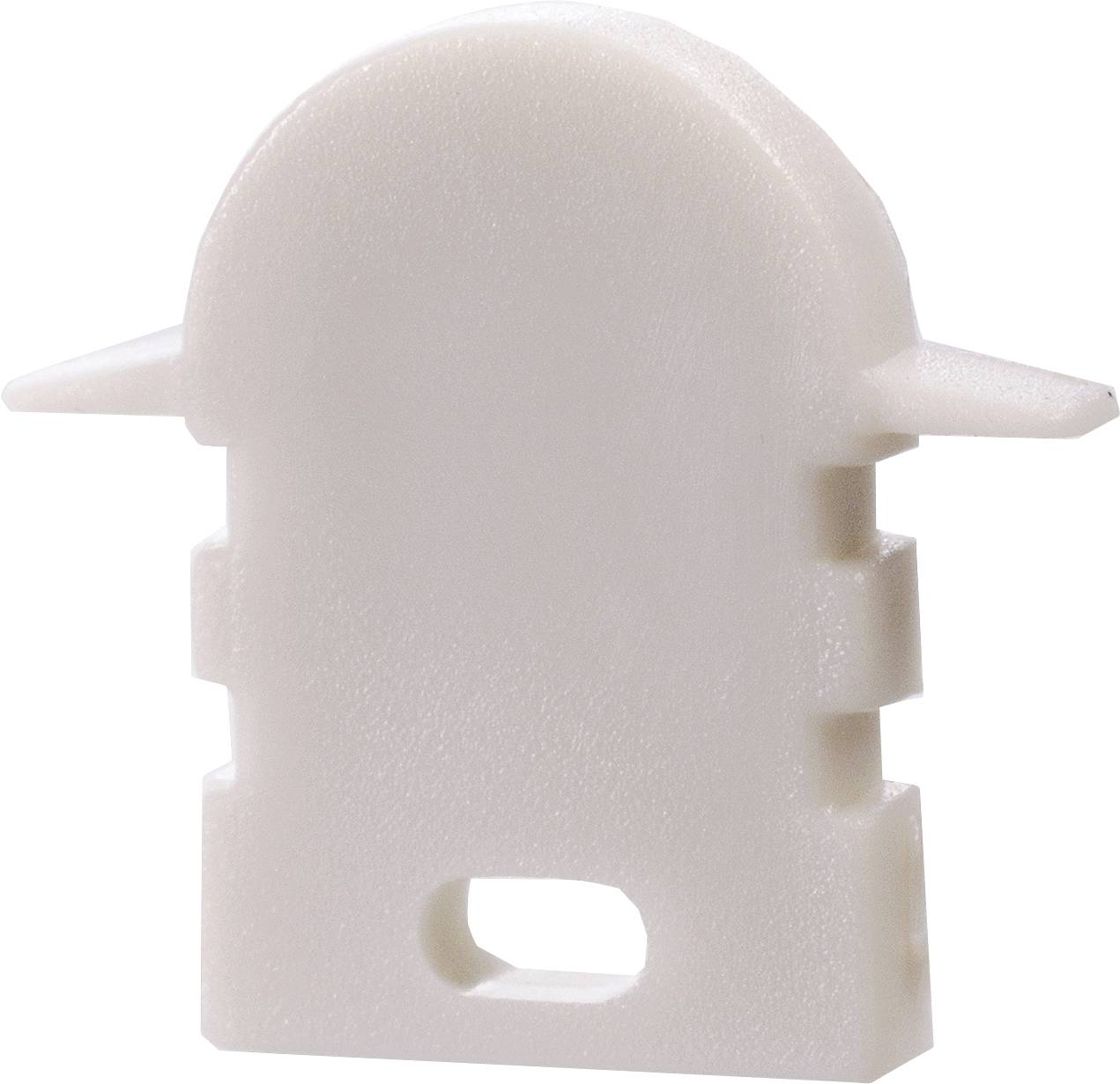 Ein weißes, kunststoffartiges Objekt mit abgerundeter Oberseite, zwei seitlichen Vorsprüngen und rechteckigen Aussparungen auf der unteren Hälfte.