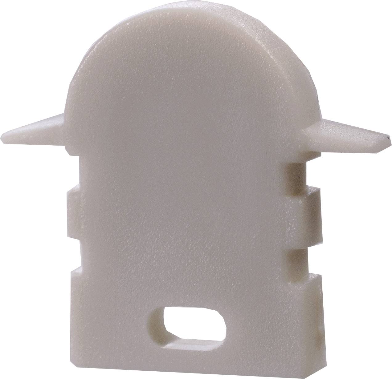 Ein weißes, plastisches Bauteil mit zwei seitlichen Ausstülpungen und einem rechteckigen Loch unten.