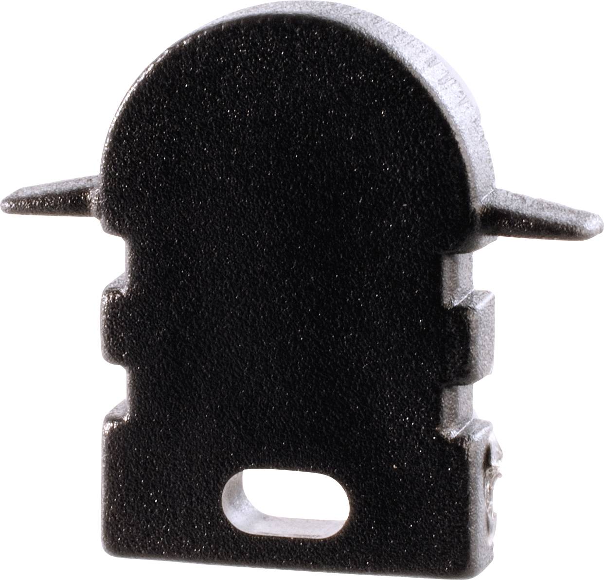 Ein schwarzes, metallisches Bauteil mit abgerundeter Oberseite und zwei seitlichen Vorsprüngen.