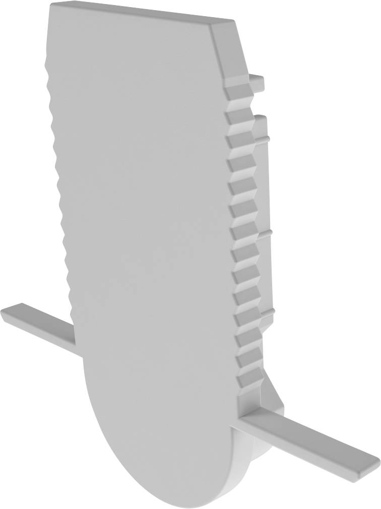 Ein grauer, abstrakter Gegenstand in vertikaler Ausrichtung mit geriffeltem Rand und zwei horizontalen Stabilisatoren.