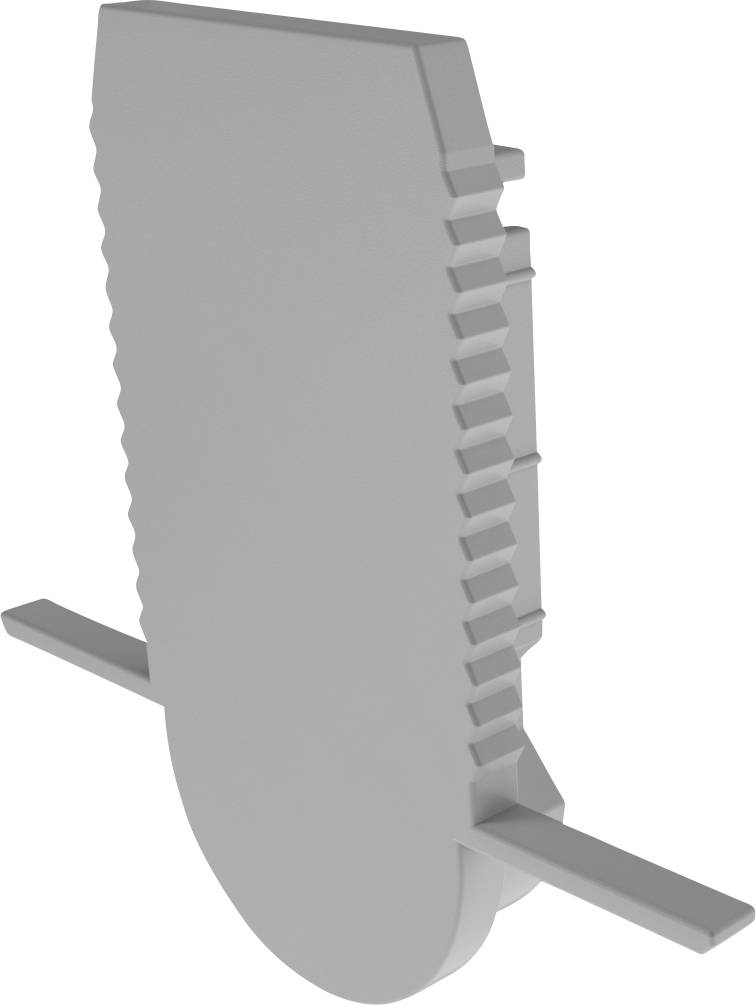 Graues, vertikales, flaches, rechteckiges Objekt mit gezackten Rändern und zwei horizontalen Stützen in der Mitte.