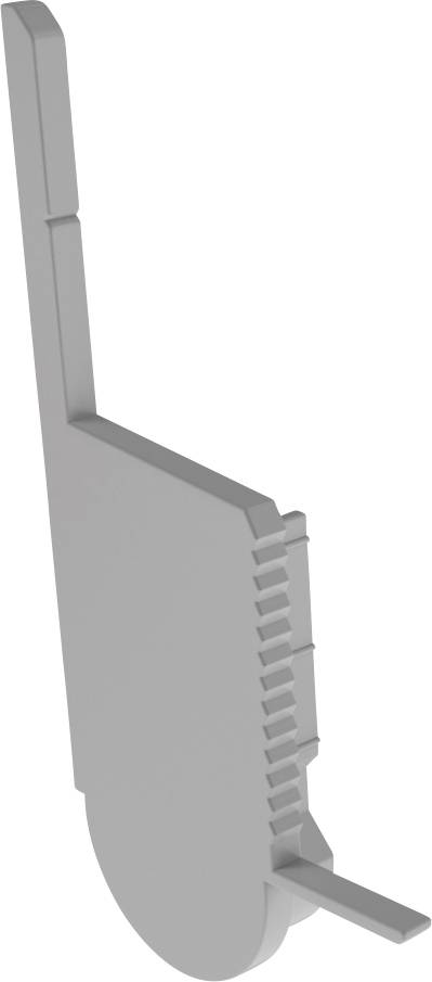 Eine graue, flache, metallene Zahnscheibe in Seitenansicht, mit Zähnen und einem dünnen Stift am Ende.