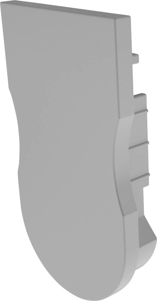 Ein graues, abgerundetes Kunststoffteil, möglicherweise ein Abdeckteil oder eine Blende mit mehreren Rastnasen auf der Rückseite.