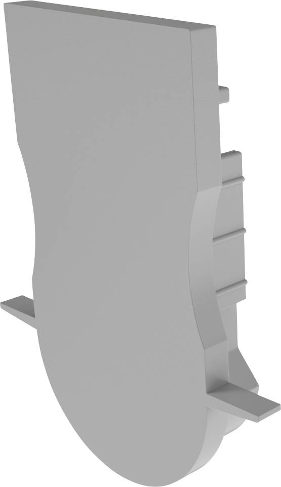 Graues, flügelähnliches Kunststoffteil mit mehreren Tablösen, wahrscheinlich Teil eines größeren Bau- oder Industriematerials.