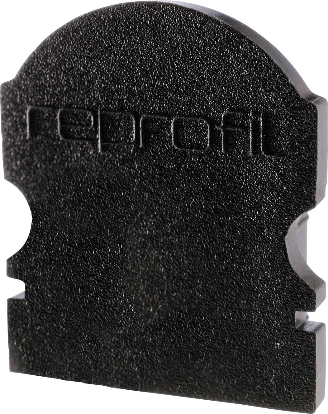 Schwarzes Kunststoffteil mit dem Schriftzug 'reprofil', gebogene Oberkante, Funktion unbekannt.