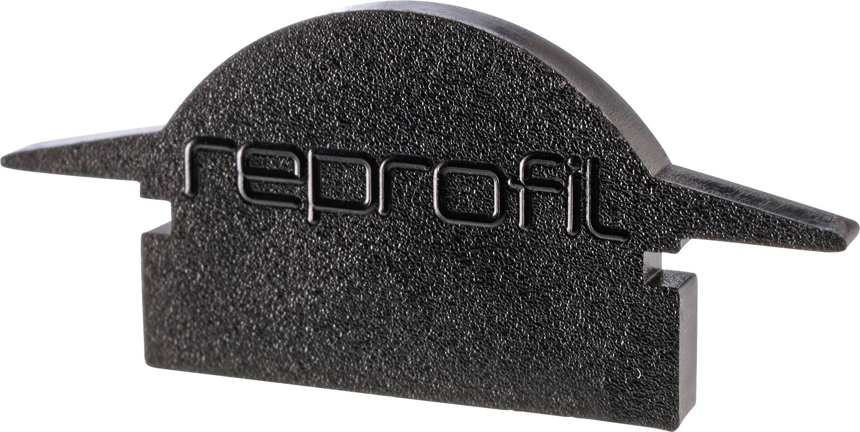 Schwarzes, gebogenes Kunststoffteil mit dem Wort 'reprofil' erhaben eingraviert. Form erinnert an ein Hausdach mit seitlichen Flügeln.