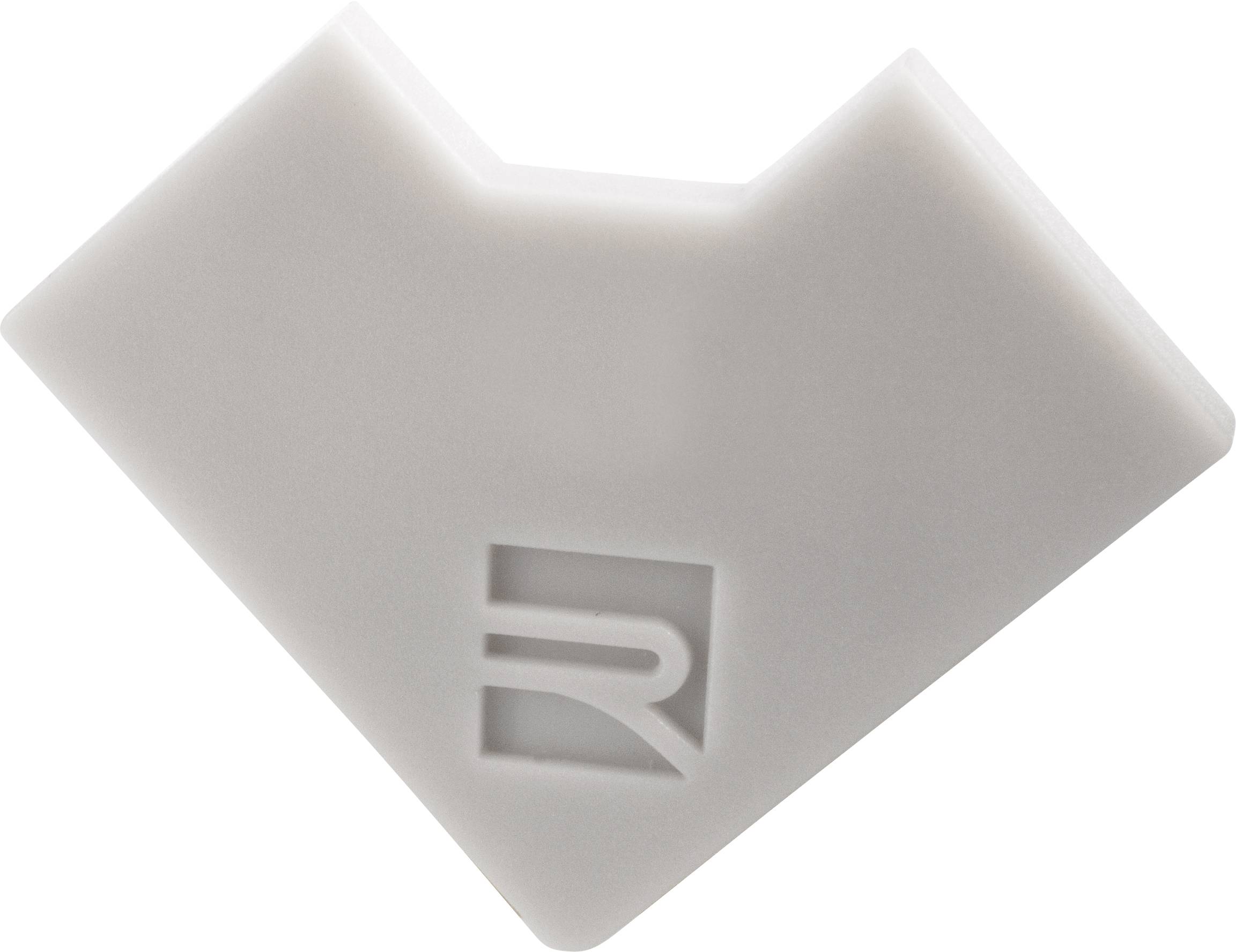 Weißer, geometrischer Kunststoffkörper mit einem eingeprägten 'R'-Logo. Trapezartige Form mit einer Einbuchtung an einer Ecke.
