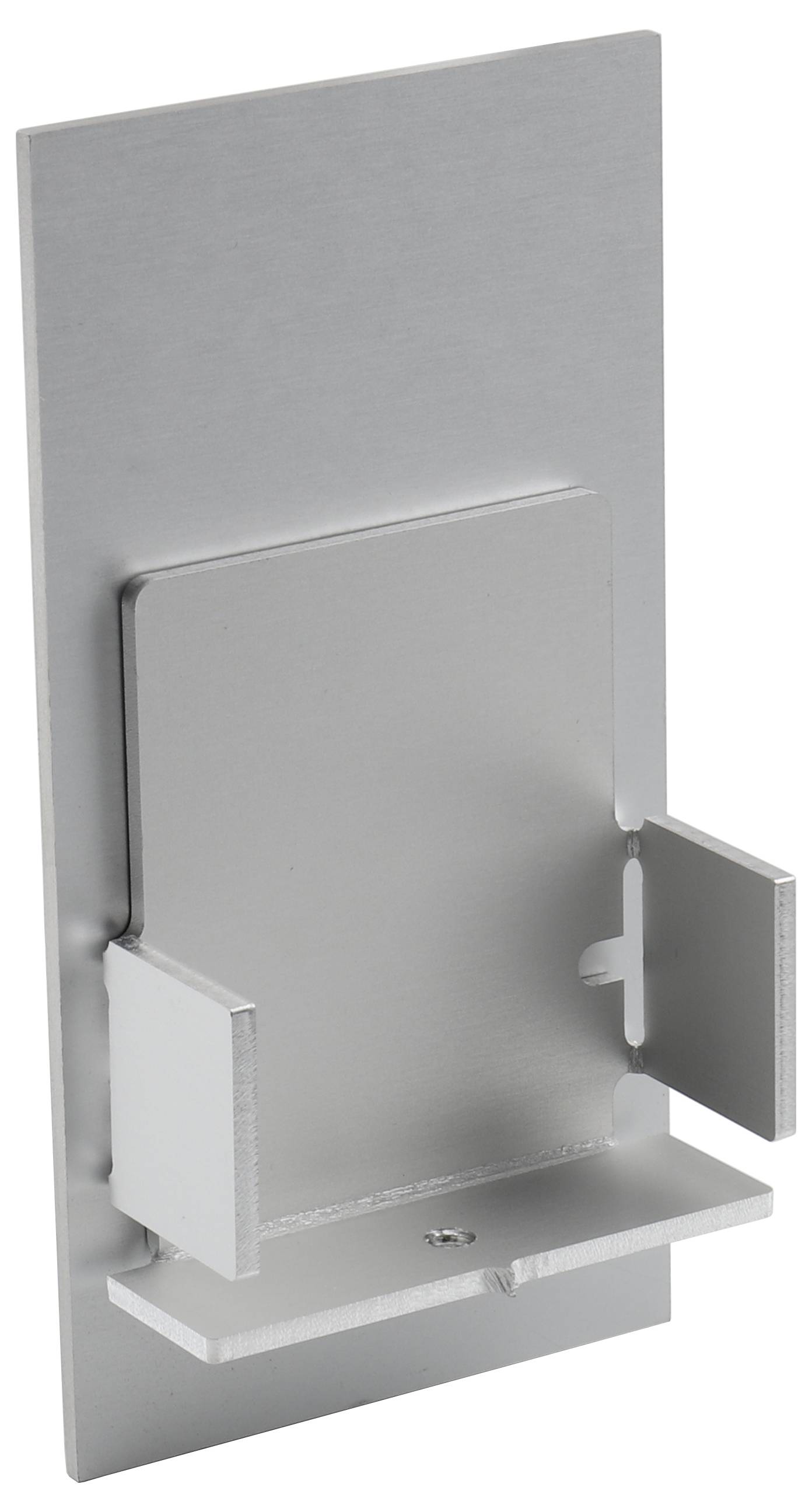 Metallischer Wandhalterungshalter mit rechteckiger Rückenplatte und zwei seitlichen Klemmen für flaches Objekt oder Gerät.