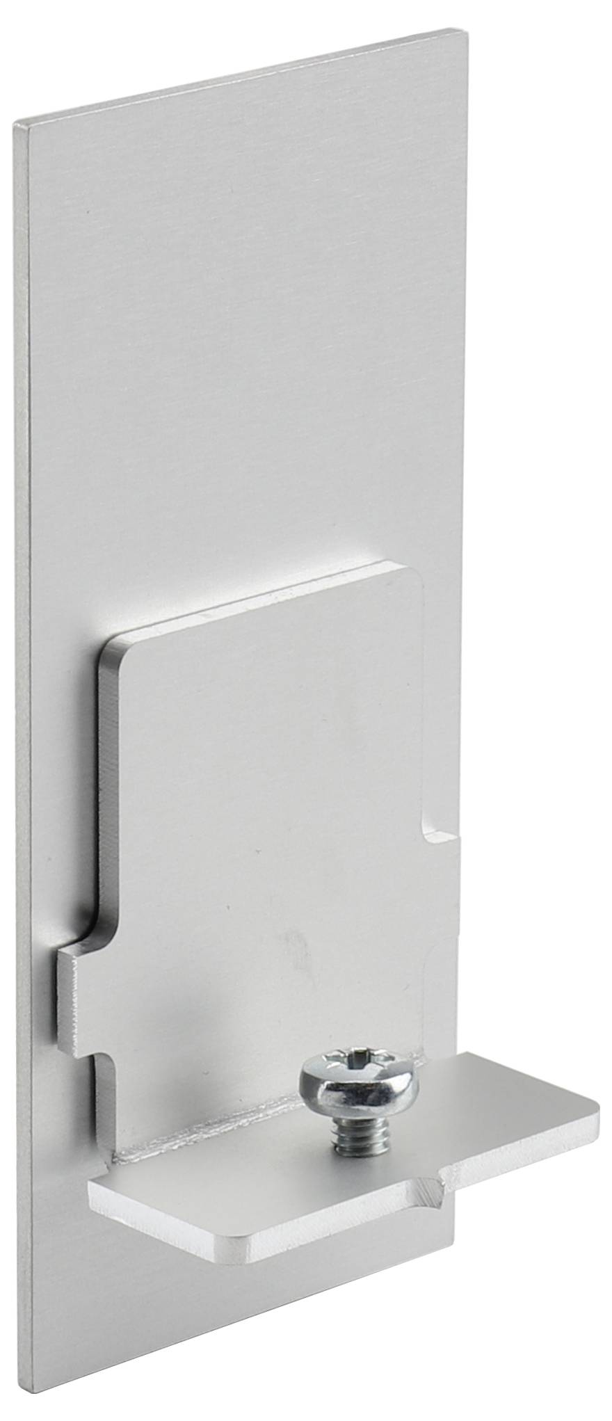 Metallwinkel mit Schraube zur Befestigung, flaches Design, silberfarben. Ideal für industrielle Anwendungen und Montagen.