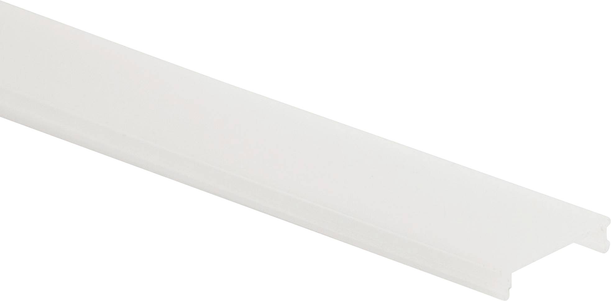 Transparente Kunststoffabdeckung in rechteckiger Form, dient als Schutz oder Lichtdiffusor für LED-Leisten oder Profile.