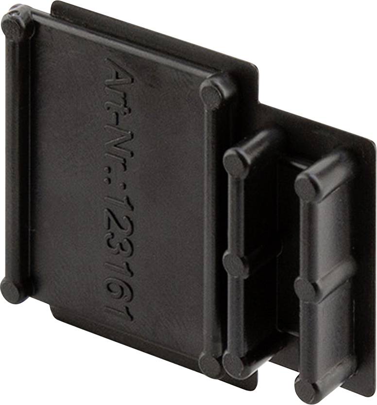 Schwarzer Kunststoffclip mit der Aufschrift 'Art-Nr.: 123161', wahrscheinlich zur Befestigung oder Verbindung geeignet.