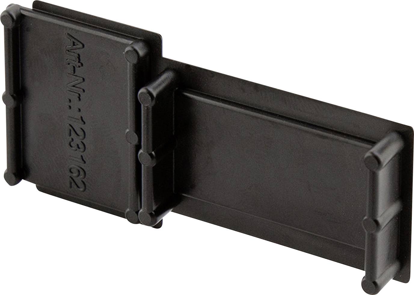 Schwarzes Kunststoffbauteil mit erhöhter Kante auf beiden Seiten und geprägter Nummer 'Art-Nr: 123162'.