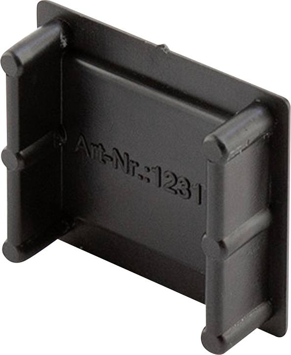 Schwarzes Kunststoffteil mit seitlichen Halterungen, Aufschrift 'Art.-Nr. 1231'. Hauptsächlich industrieller oder technischer Zweck.
