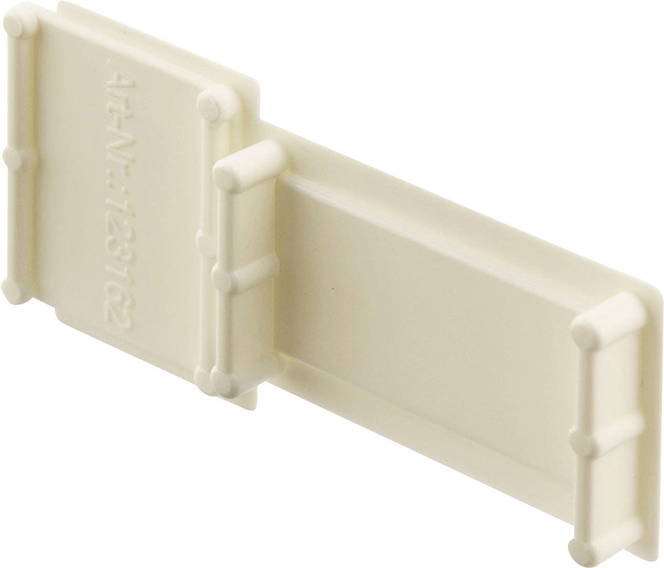 Ein beigefarbener Kunststoffclip mit sieben abgerundeten Kanten und einer Nummer auf der Oberseite.