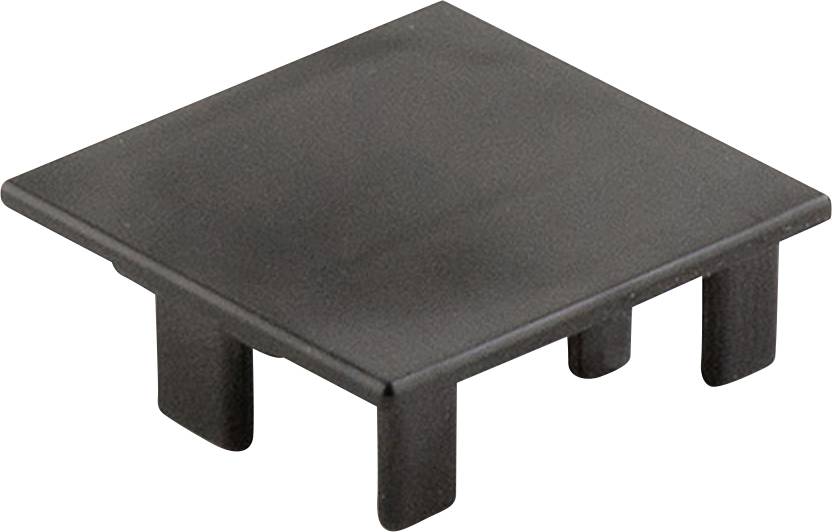 Ein quadratischer, schwarzer Kunststoffstopfen mit vier Befestigungsstiften, möglicherweise zur Abdeckung einer Öffnung oder eines Hohlraums geeignet.