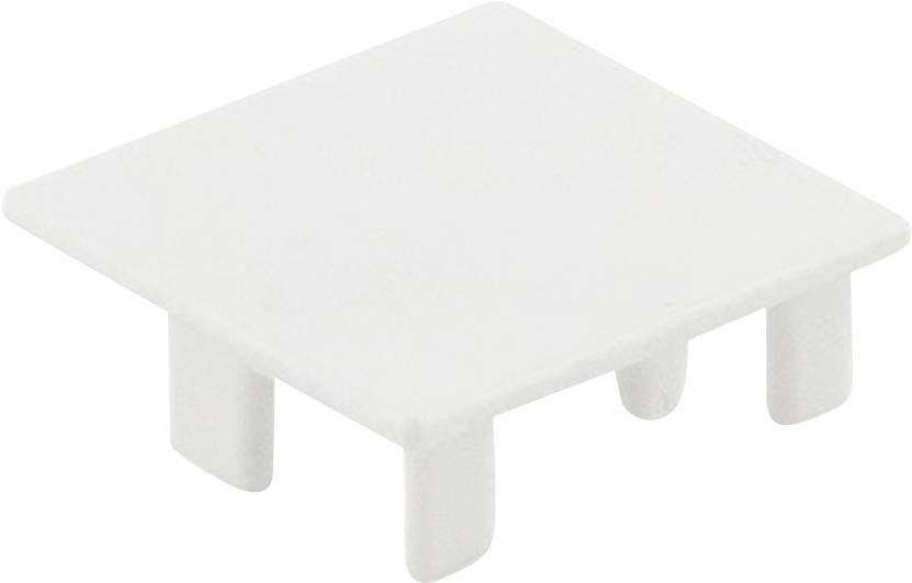 Weiße Kunststoffabdeckung mit vier herausragenden Steckfüßen, möglicherweise für die Abdeckung von Steckplätzen oder Öffnungen.