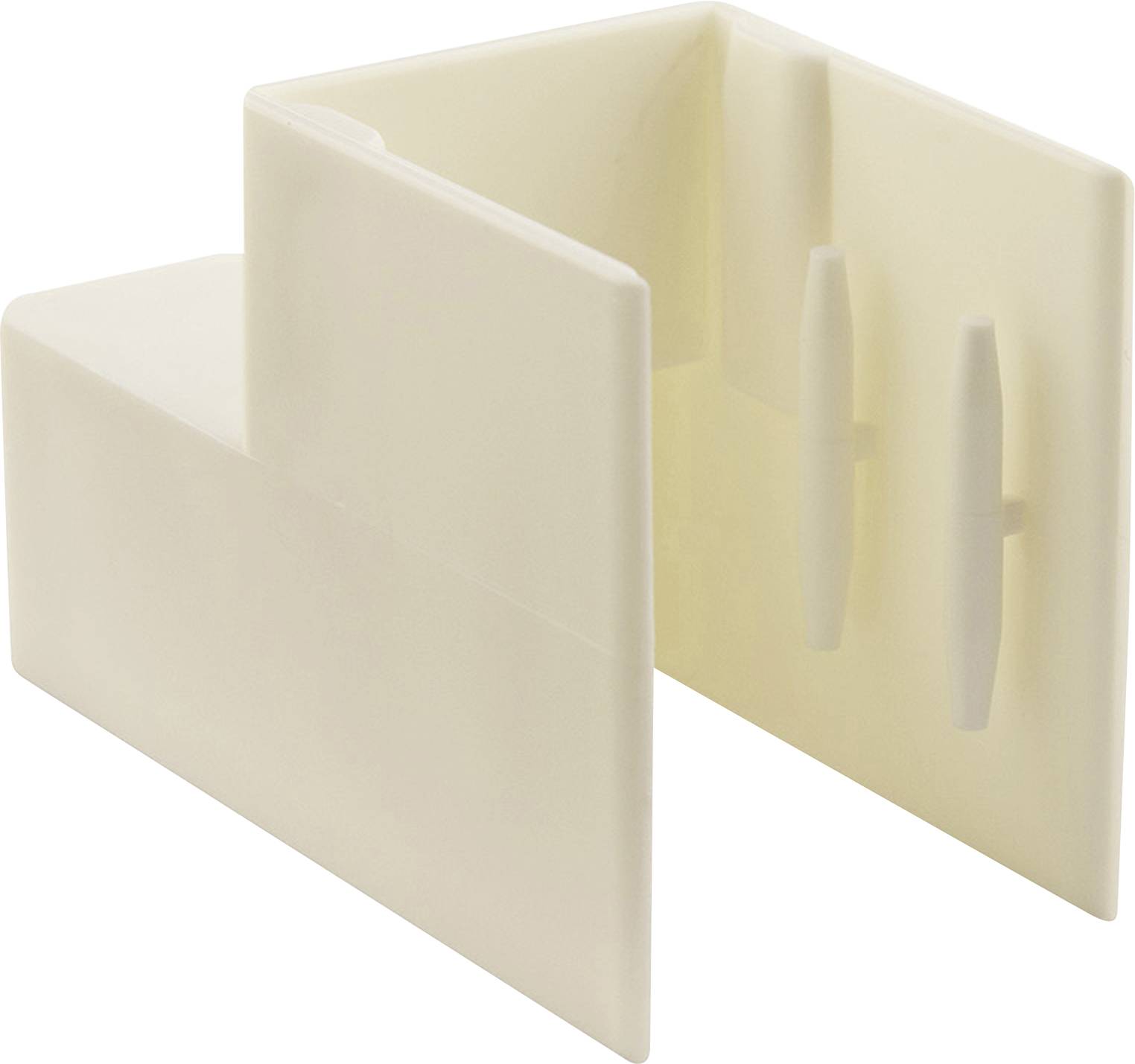 Ein weißer, rechteckiger Kunststoffwinkel, möglicherweise ein Verbindungselement oder eine Halterung, mit zwei senkrechten Schlitzen.