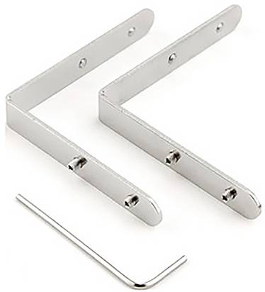 Zwei L-förmige Wandhalterungen aus Metall und ein Inbusschlüssel. Sie dienen zur Befestigung eines Gegenstands an der Wand.